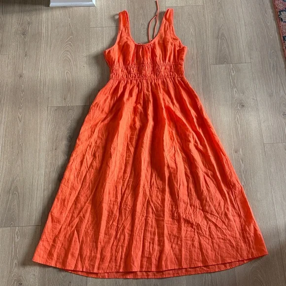 J.Crew Smocked Midi 100% Linen Dress in Tangerine Orange sz. M - Picture 8 of 8